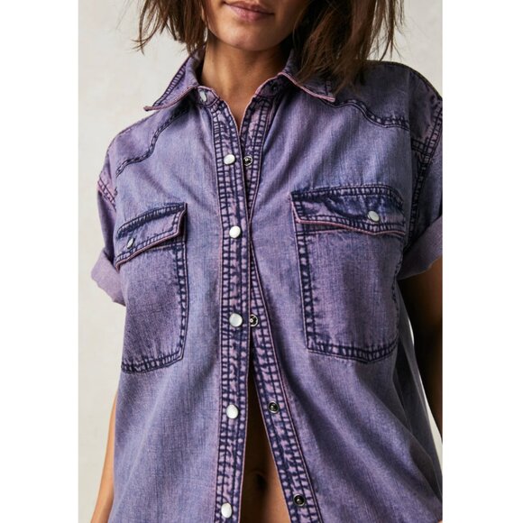 FREE PEOPLE The Short Of It Denim Top - Orchid Overdye - Small - Factory Sealed - Picture 10 of 13
